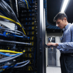 A man in a server room using a laptop to perform data backup operations on the servers around him.